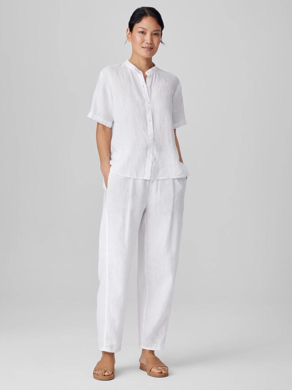 Eileen Fisher Linen Lantern Crop Pants Women’s Large White Elastic Waist Pockets